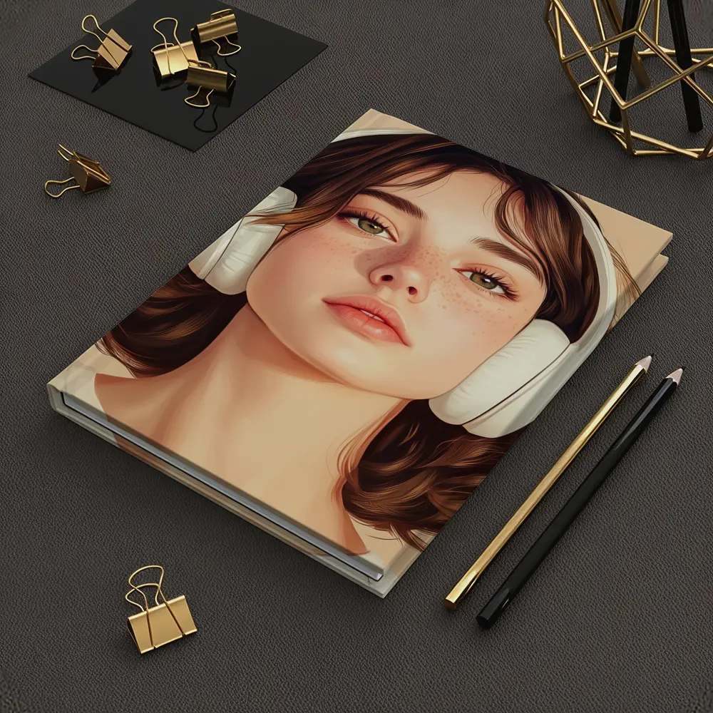 Young Woman Headphones Illustration Beige Background – Notebooks