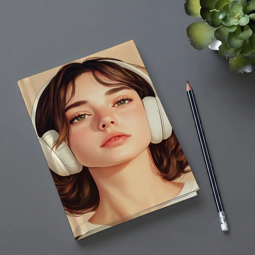 Young Woman Headphones Illustration Beige Background – Notebooks