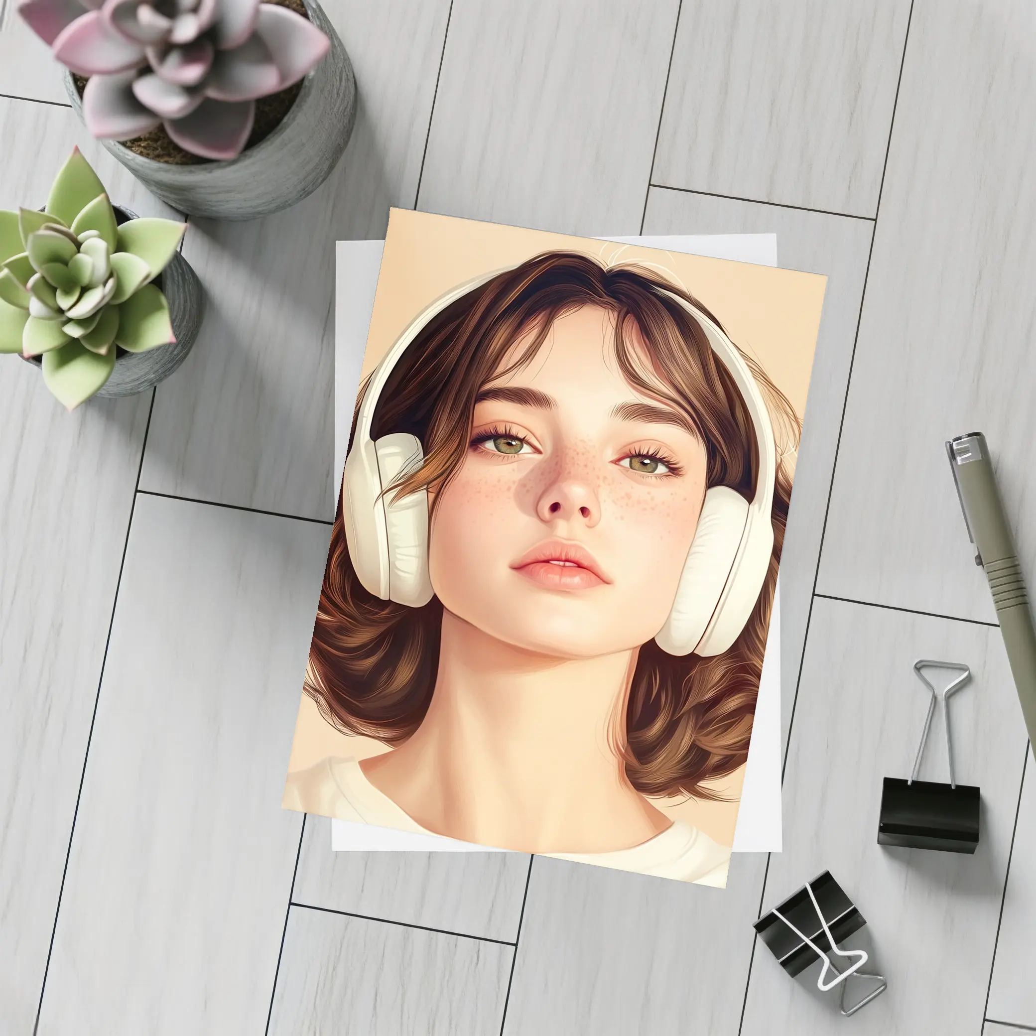Young Woman Headphones Illustration Beige Background – Postcards