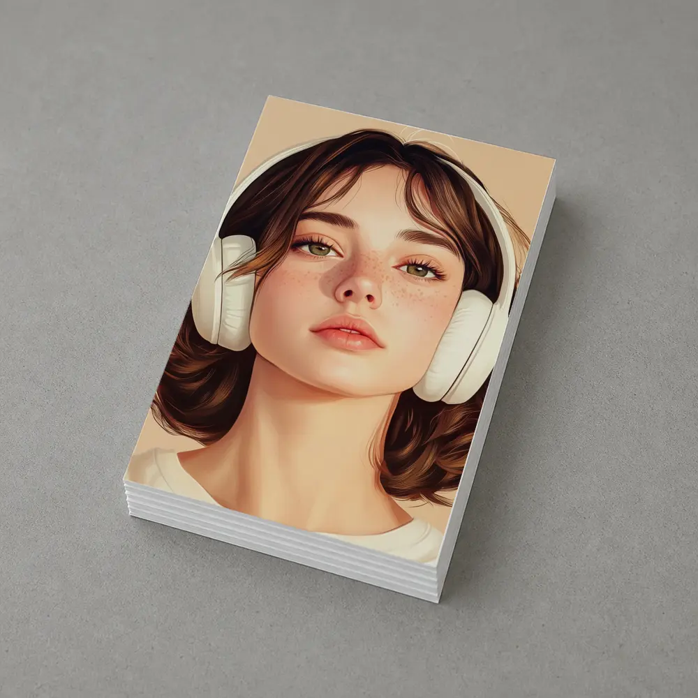 Young Woman Headphones Illustration Beige Background – Postcards
