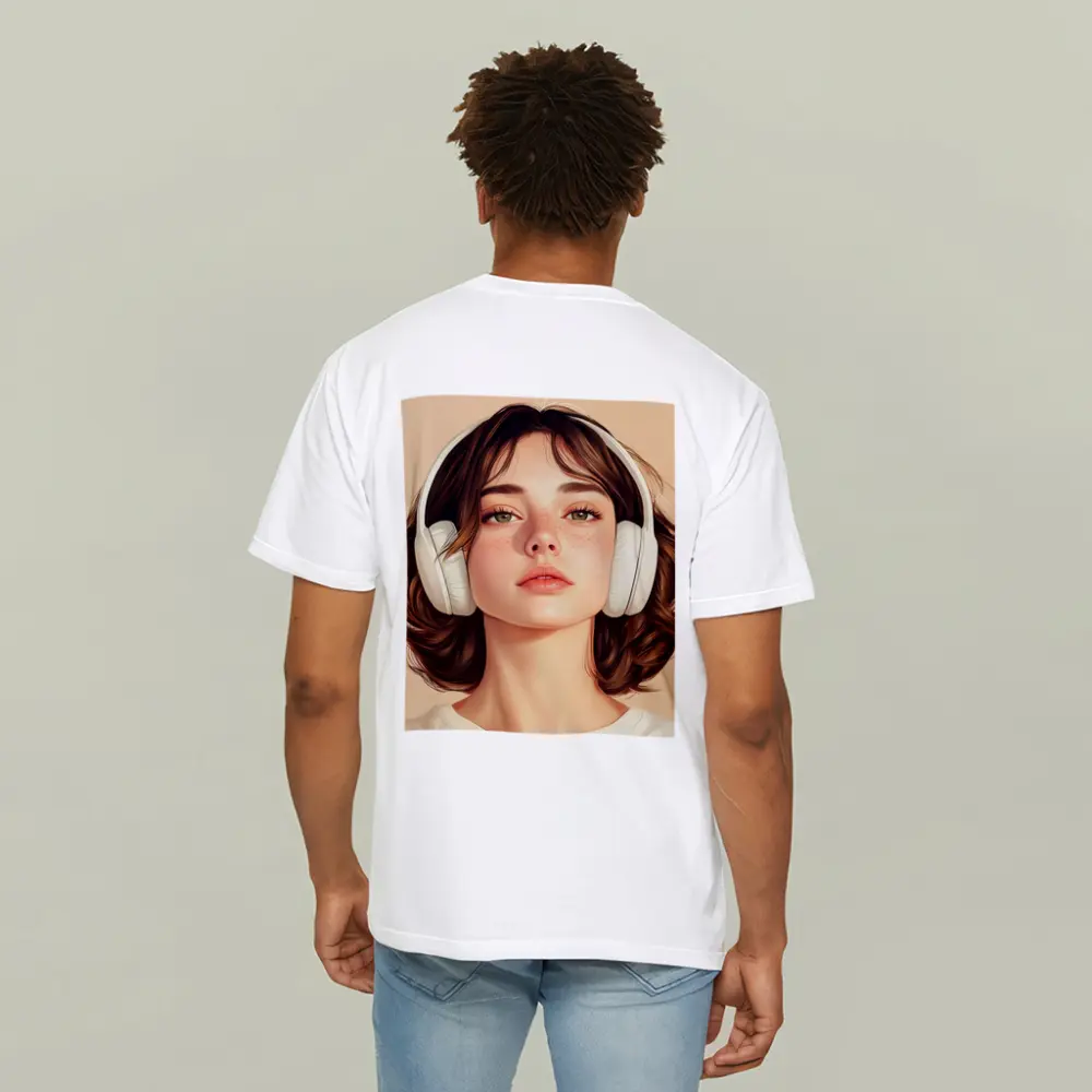 Young Woman Headphones Illustration Beige Background – T-Shirts