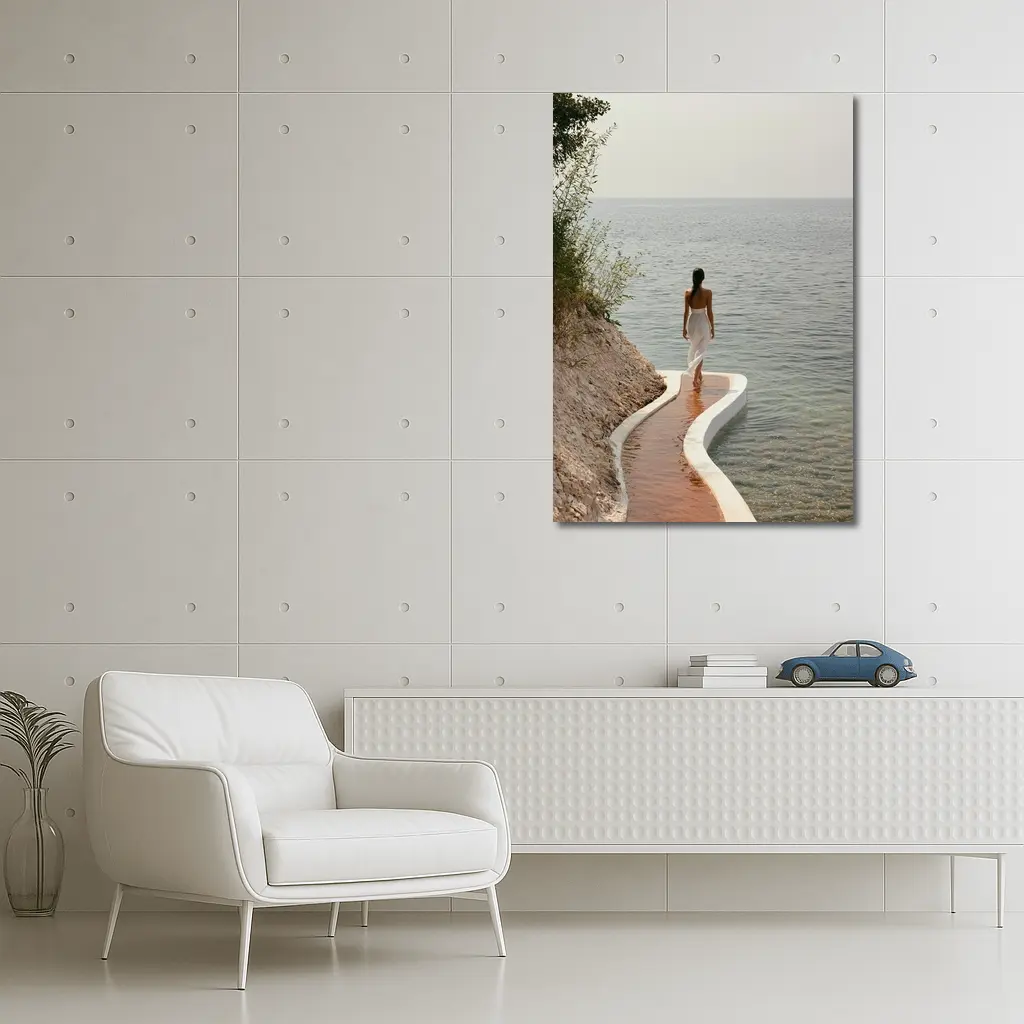 Woman Walking Curved Coastal Path Ocean View – Wall Art