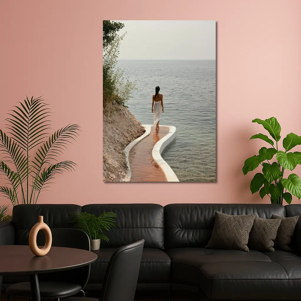 Woman Walking Curved Coastal Path Ocean View – Wall Art