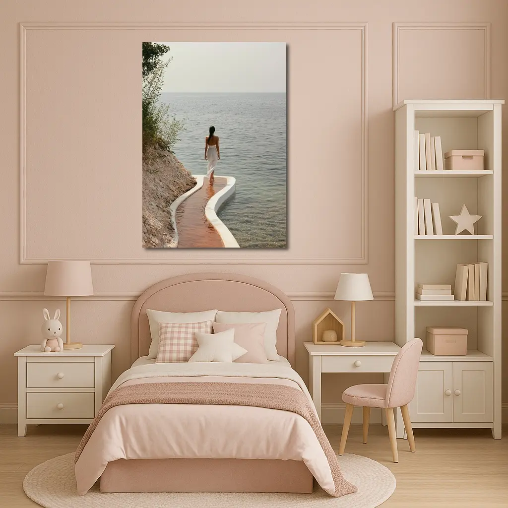 Woman Walking Curved Coastal Path Ocean View – Wall Art