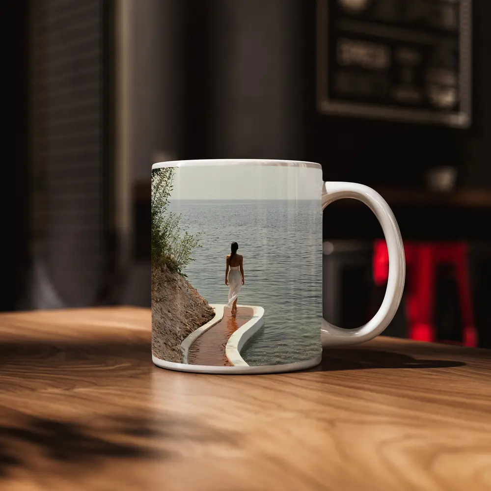 Woman Walking Curved Coastal Path Ocean View – Mugs