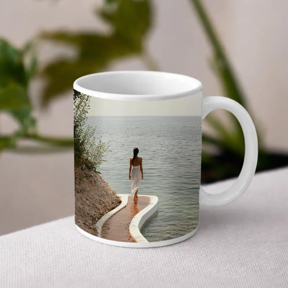 Woman Walking Curved Coastal Path Ocean View – Mugs