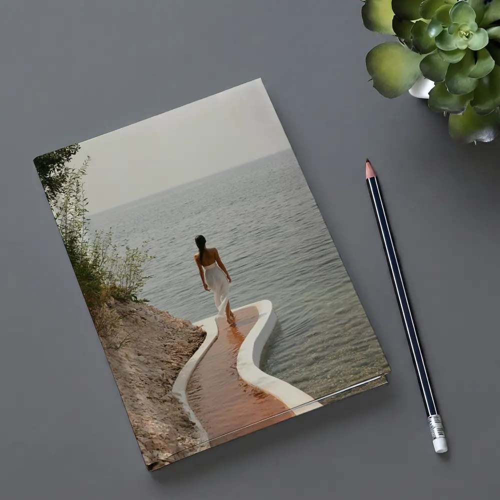 Woman Walking Curved Coastal Path Ocean View – Notebooks