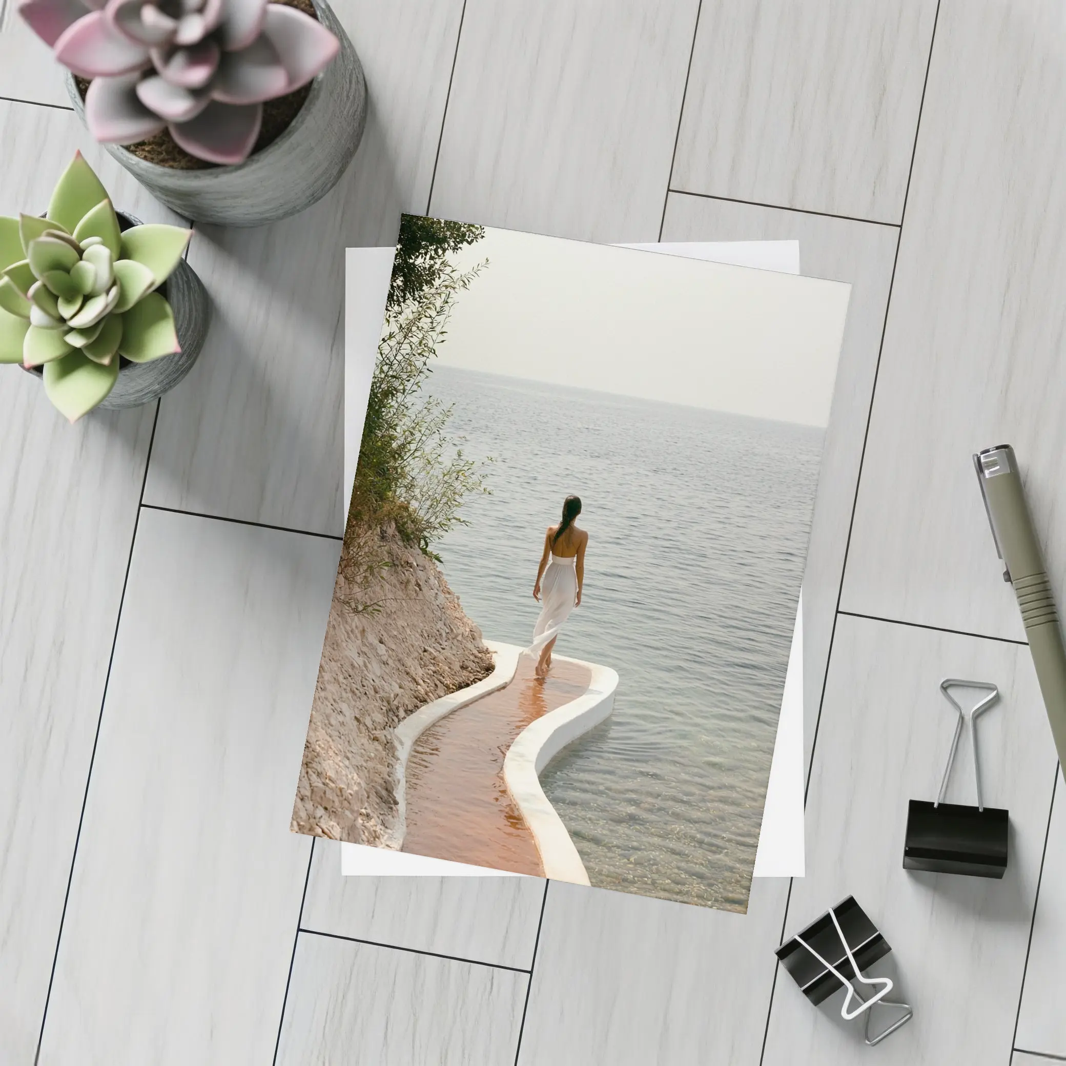 Woman Walking Curved Coastal Path Ocean View – Postcards
