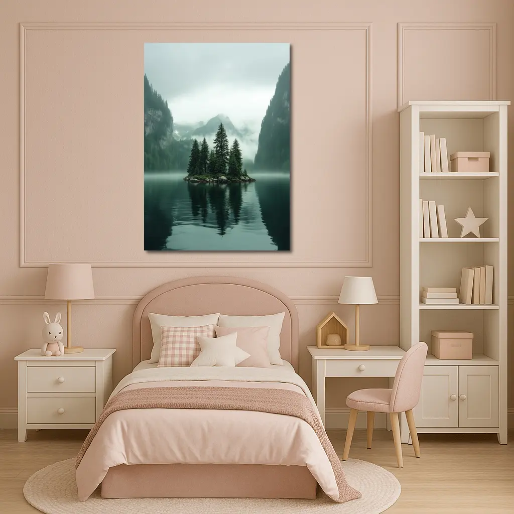 Misty Mountain Lake Island Pine Trees – Wall Art