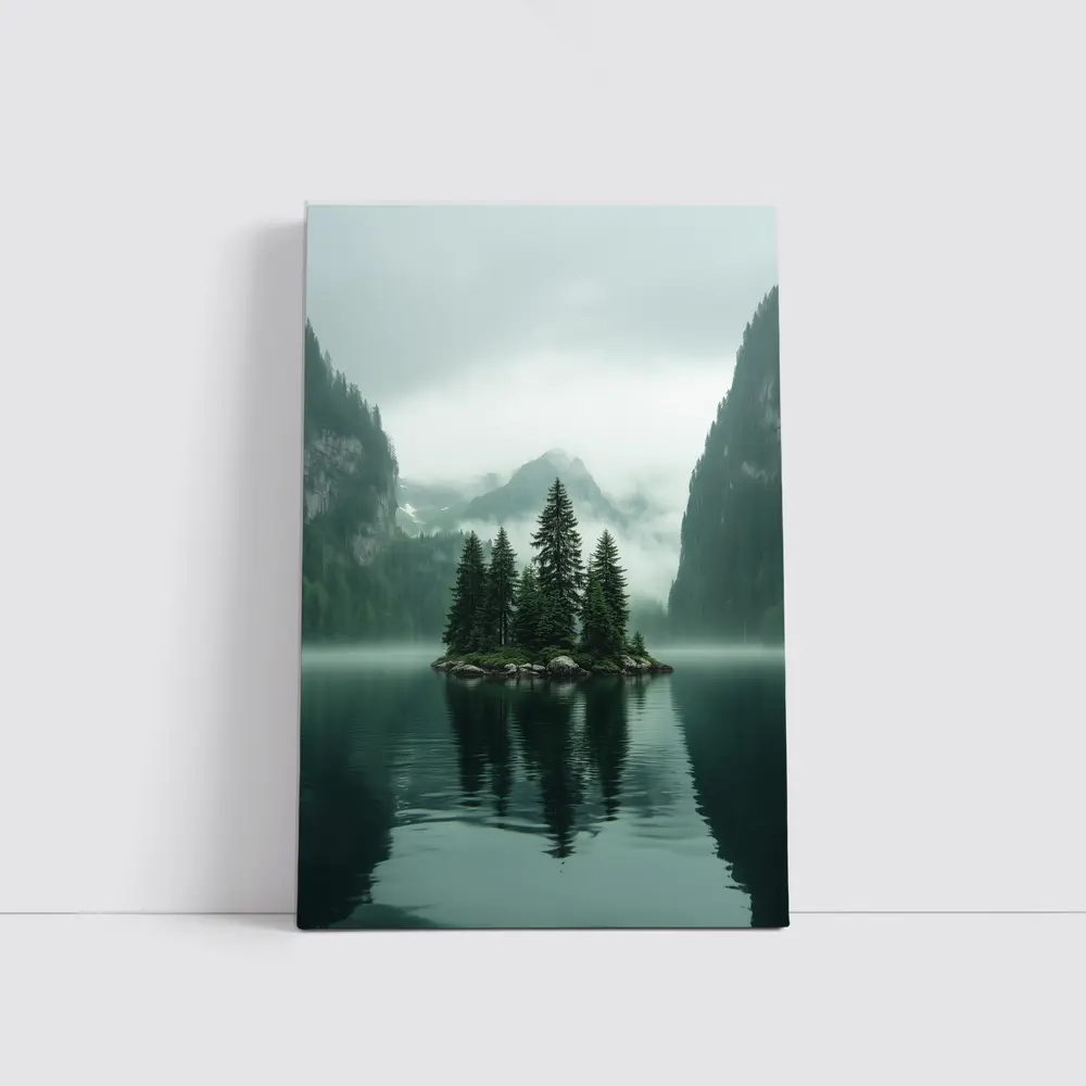 Misty Mountain Lake Island Pine Trees – Wall Art