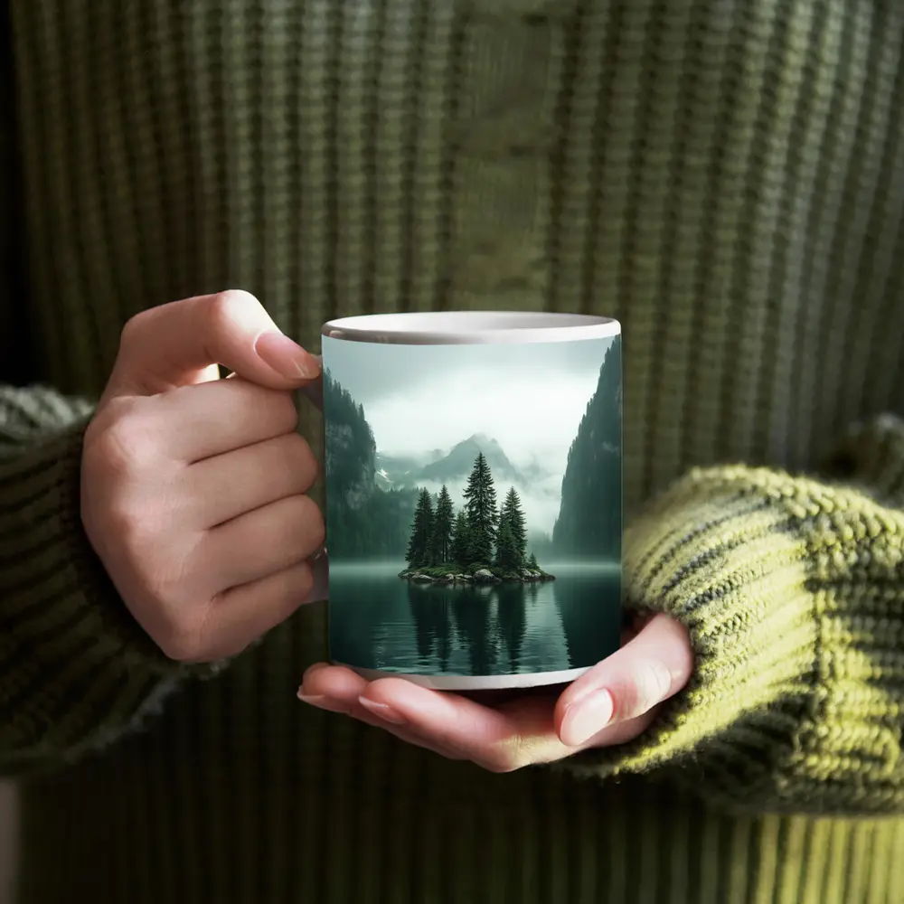 Misty Mountain Lake Island Pine Trees – Mugs