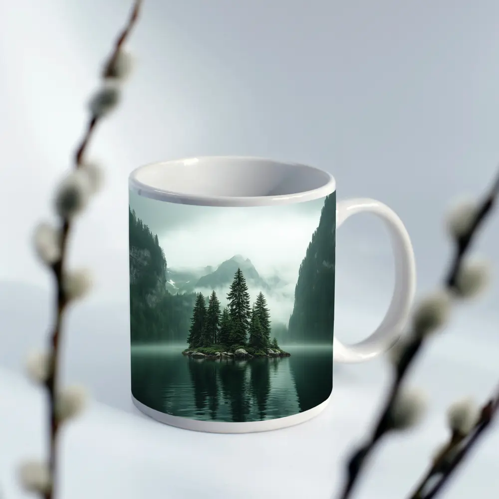 Misty Mountain Lake Island Pine Trees – Mugs