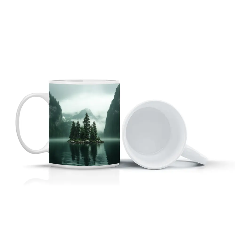 Misty Mountain Lake Island Pine Trees – Mugs