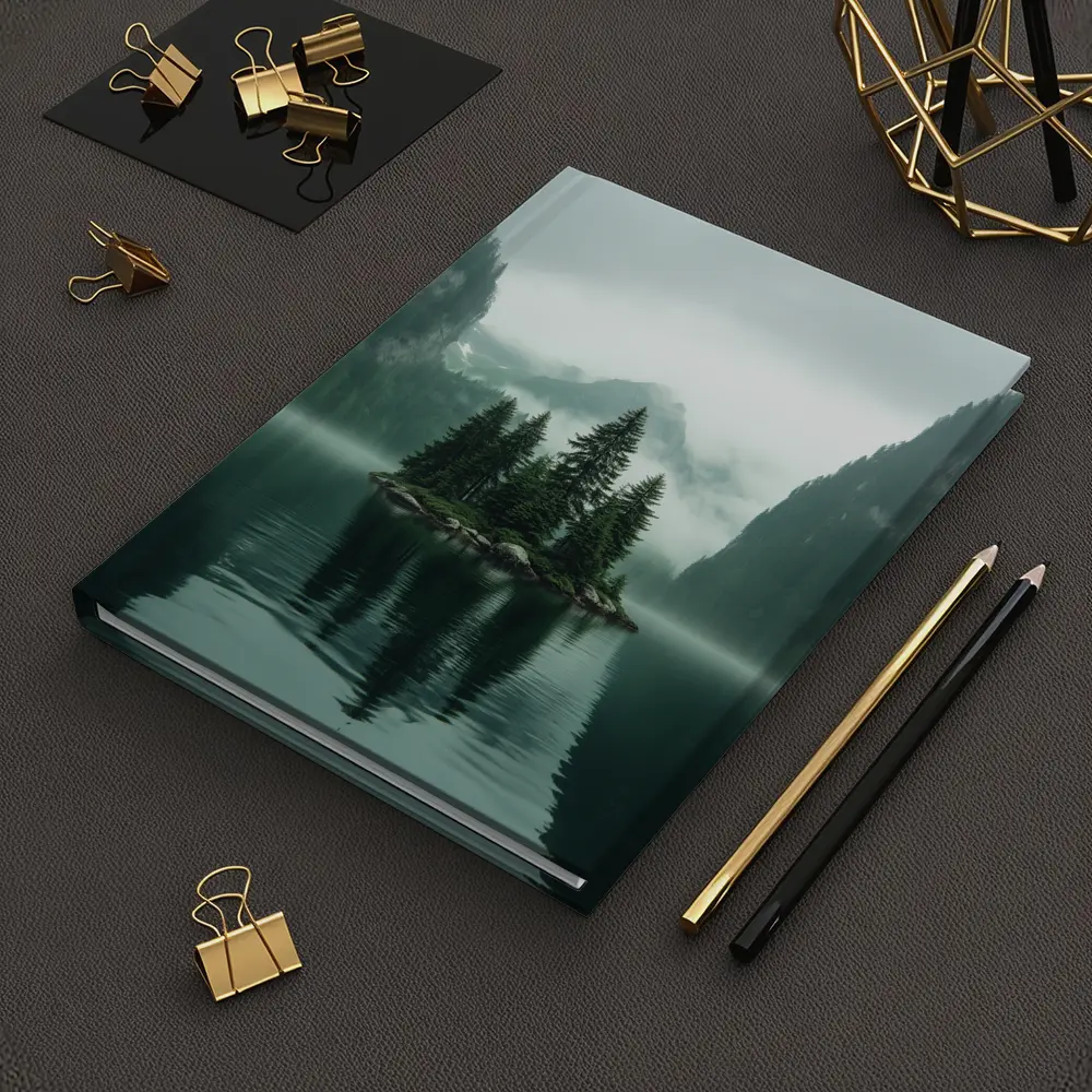 Misty Mountain Lake Island Pine Trees – Notebooks