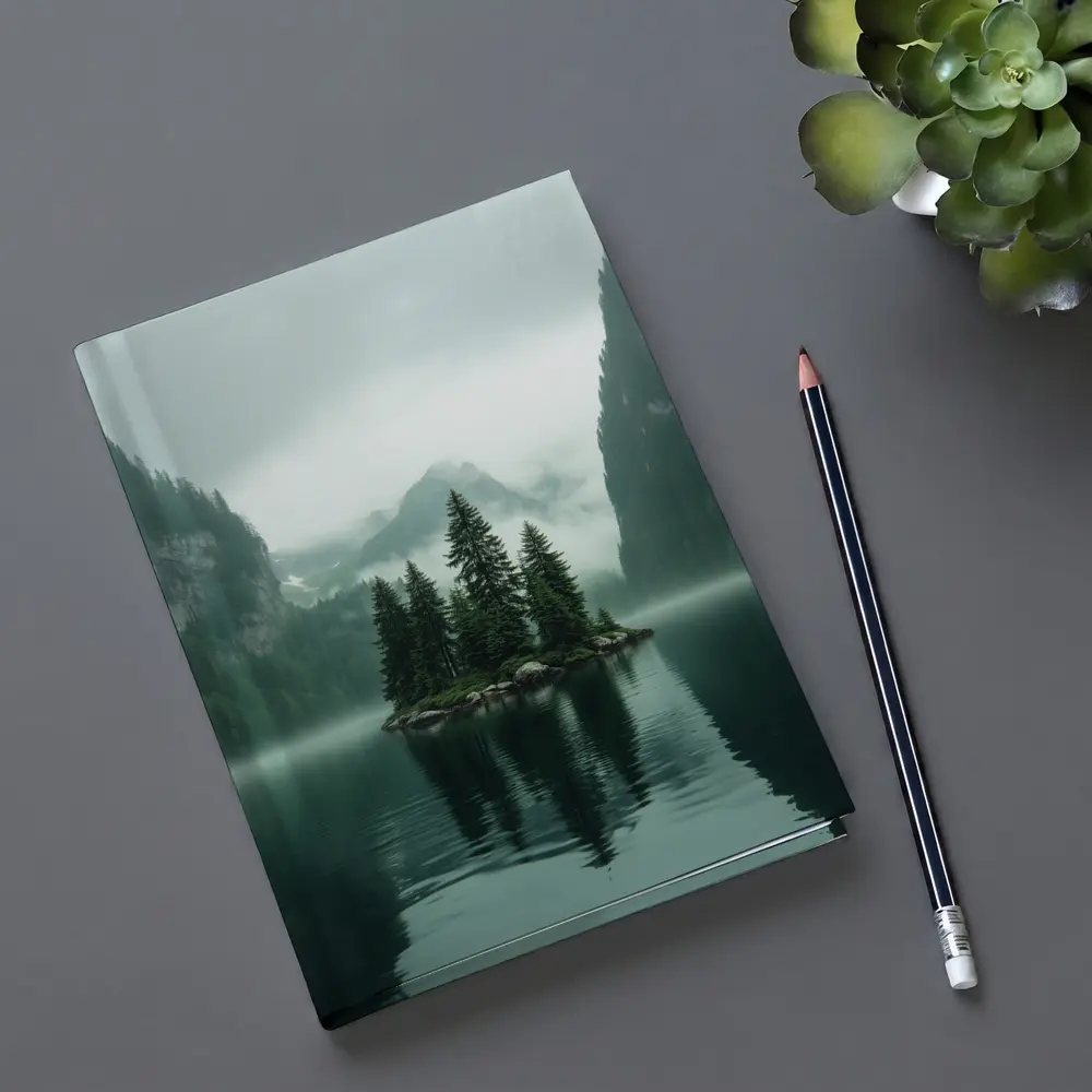 Misty Mountain Lake Island Pine Trees – Notebooks