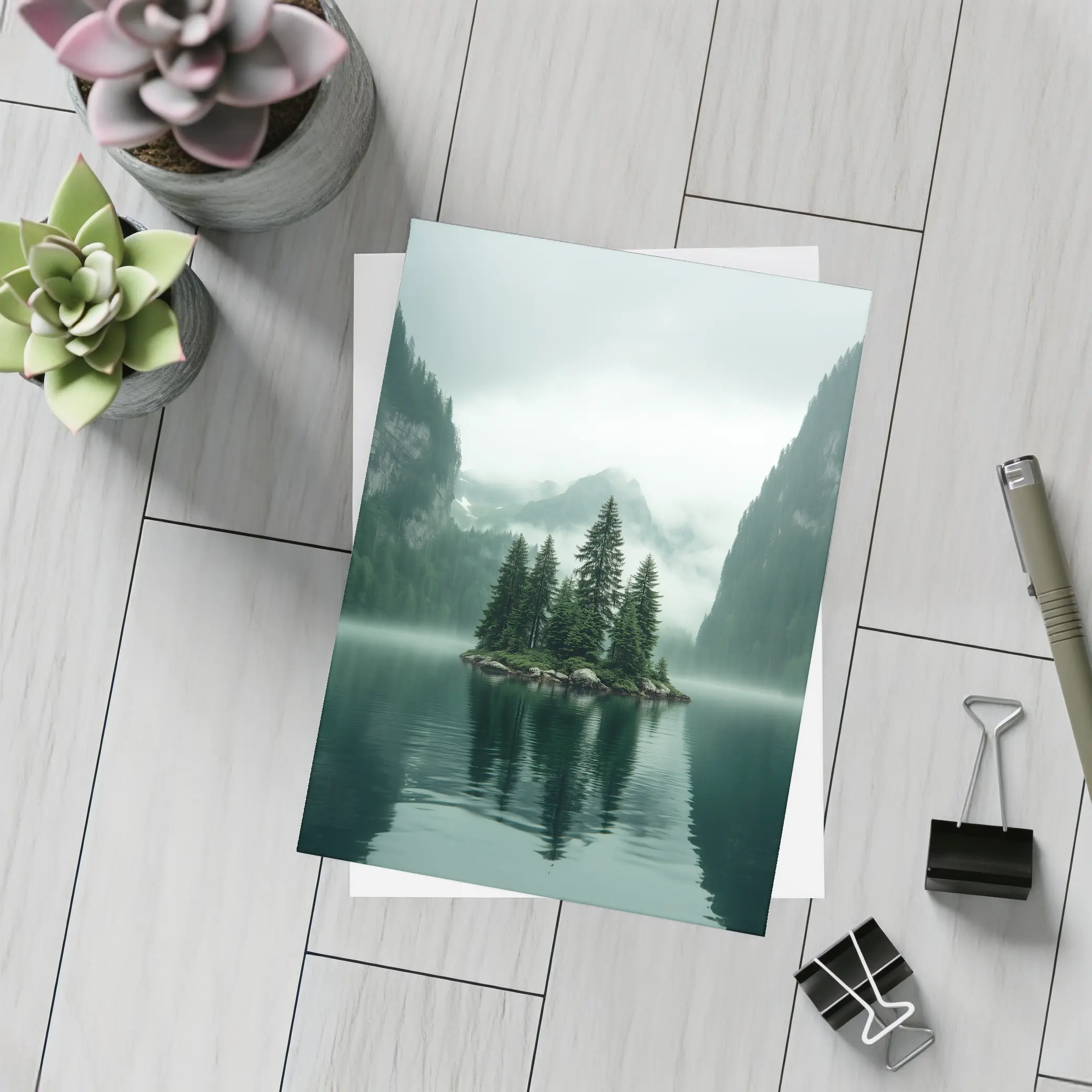 Misty Mountain Lake Island Pine Trees – Postcards