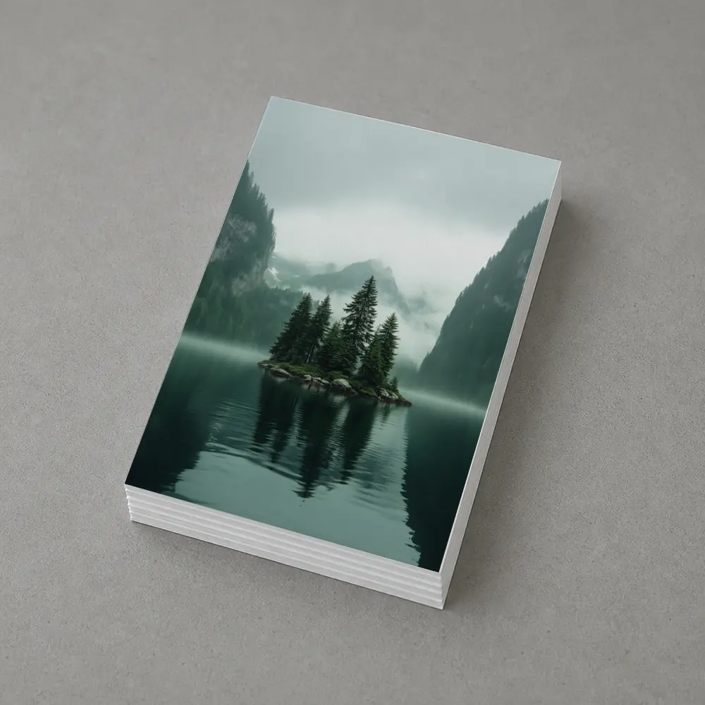 Misty Mountain Lake Island Pine Trees – Postcards
