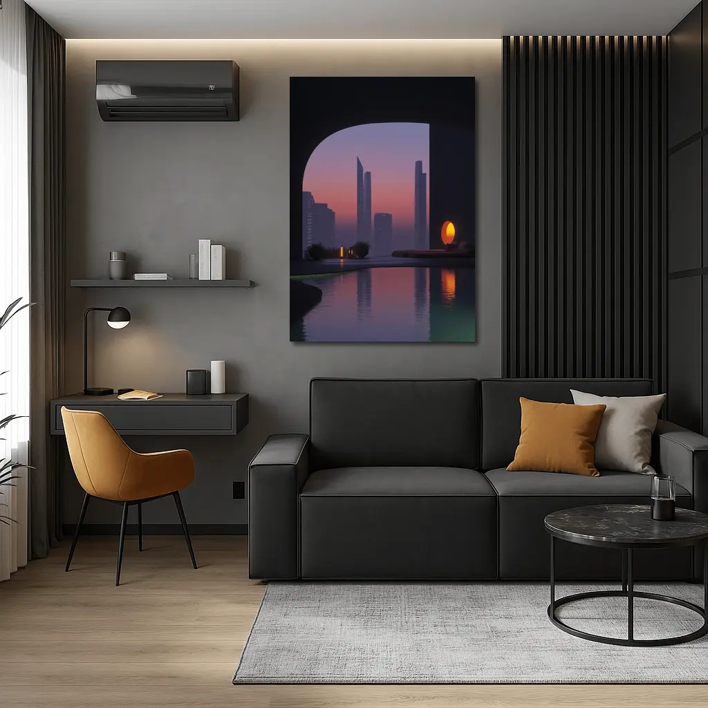 City Skyline Sunset Reflection Pool Arch – Wall Art