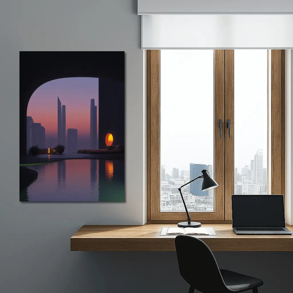City Skyline Sunset Reflection Pool Arch – Wall Art