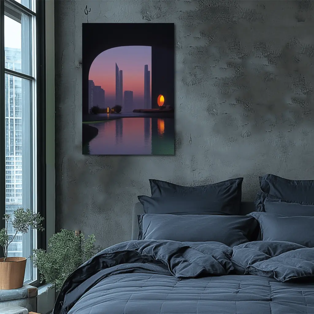 City Skyline Sunset Reflection Pool Arch – Wall Art