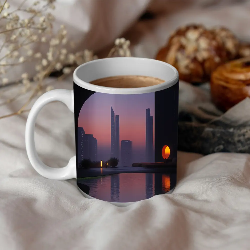 City Skyline Sunset Reflection Pool Arch – Mugs