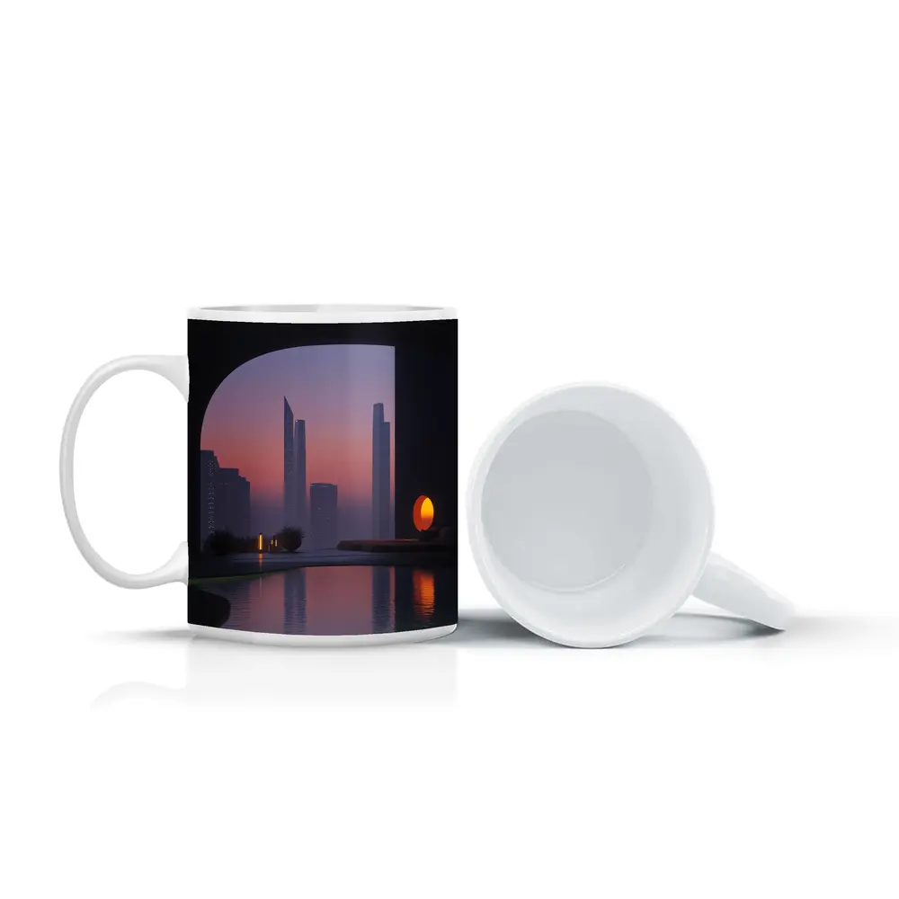 City Skyline Sunset Reflection Pool Arch – Mugs