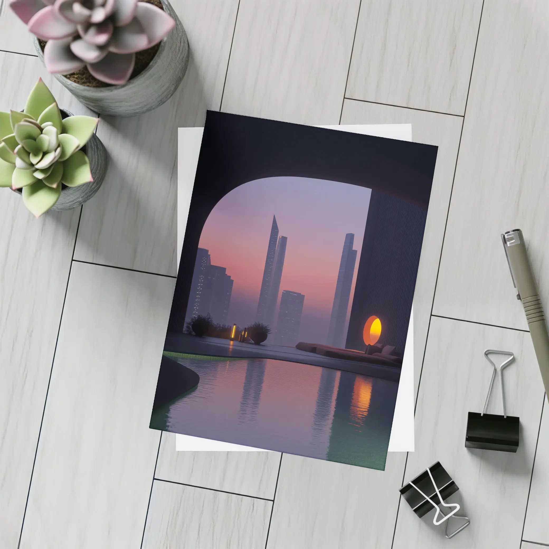 City Skyline Sunset Reflection Pool Arch – Postcards