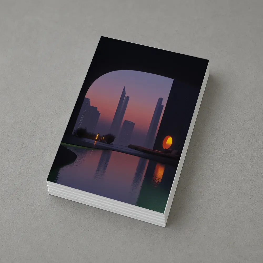 City Skyline Sunset Reflection Pool Arch – Postcards