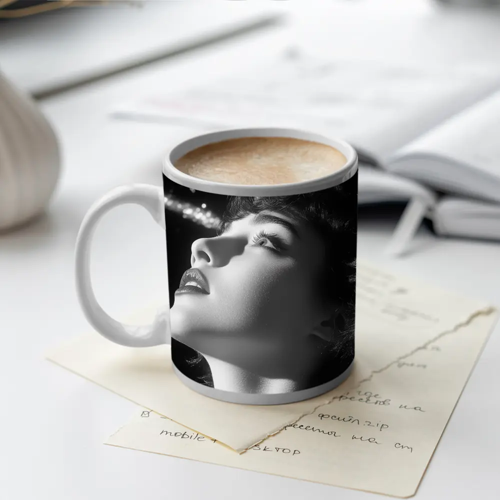 Black And White Woman Glowing Light Portrait – Mugs