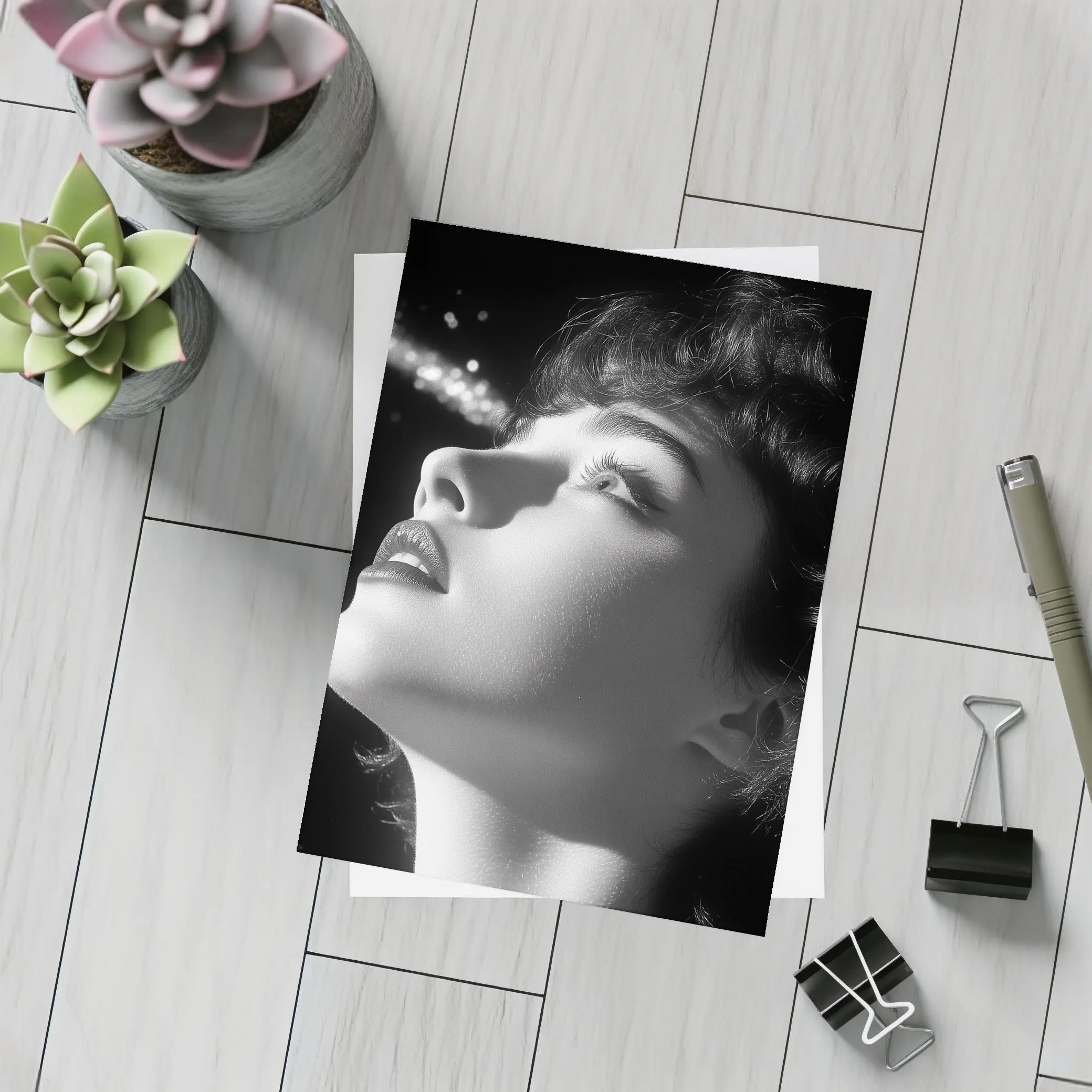 Black And White Woman Glowing Light Portrait – Postcards