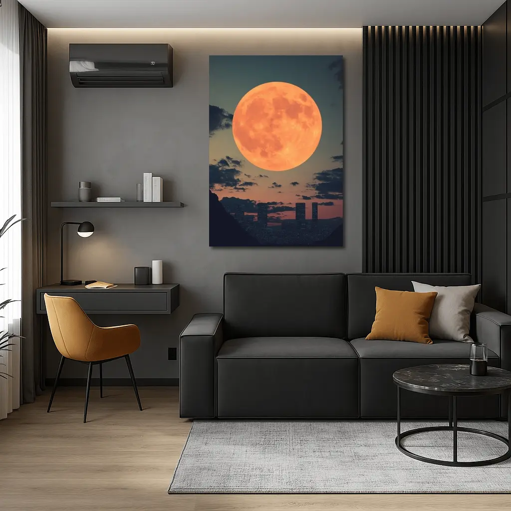 Giant Orange Moon Over City Skyline – Wall Art