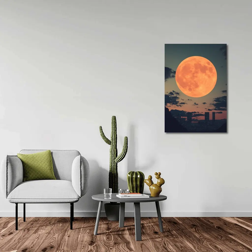 Giant Orange Moon Over City Skyline – Wall Art