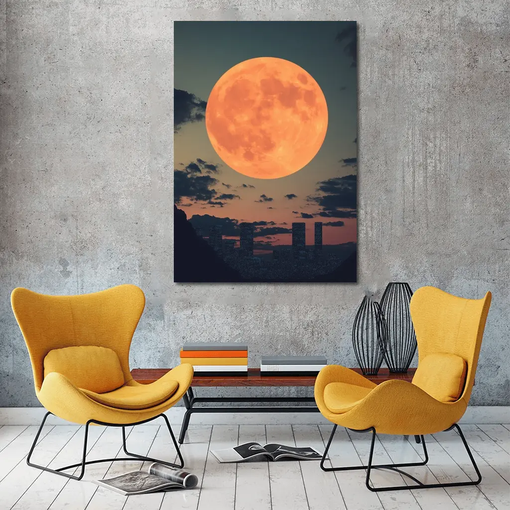 Giant Orange Moon Over City Skyline – Wall Art