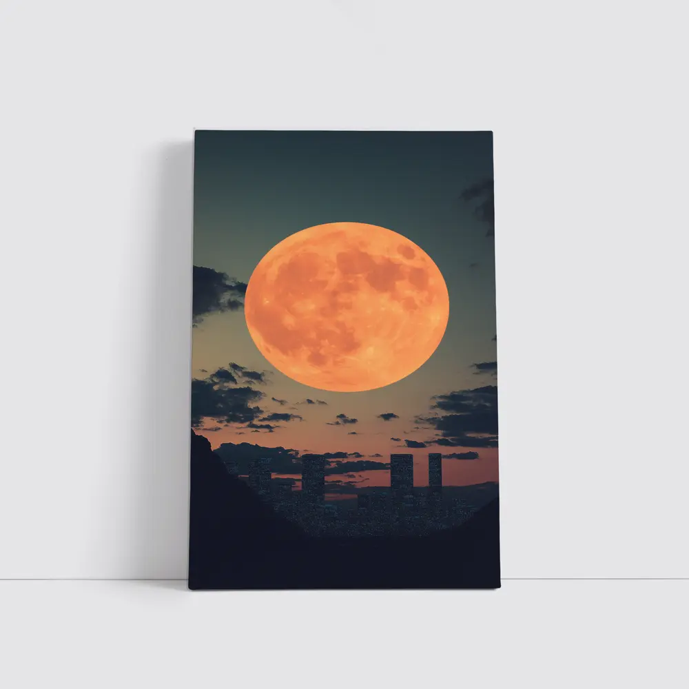 Giant Orange Moon Over City Skyline – Wall Art