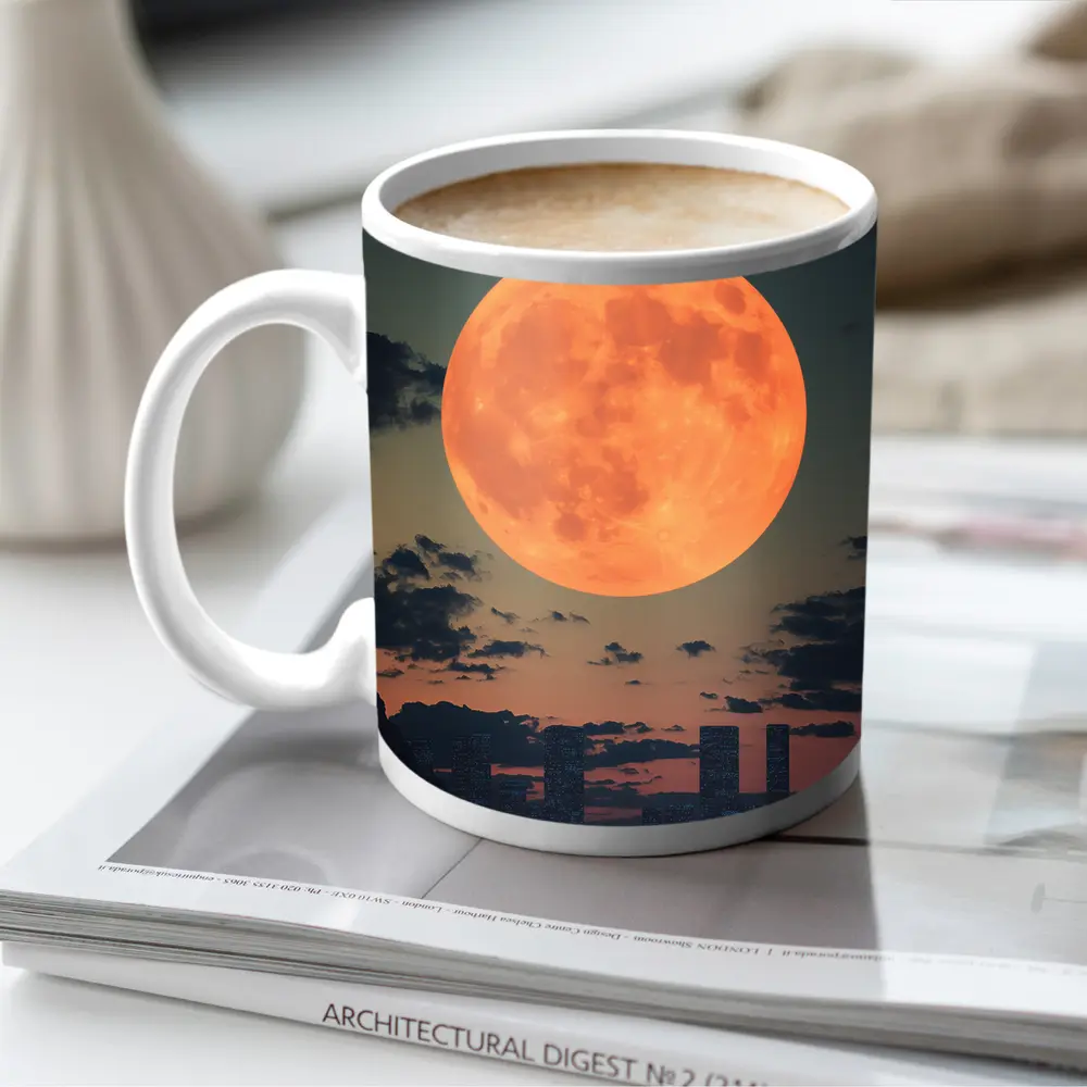 Giant Orange Moon Over City Skyline – Mugs