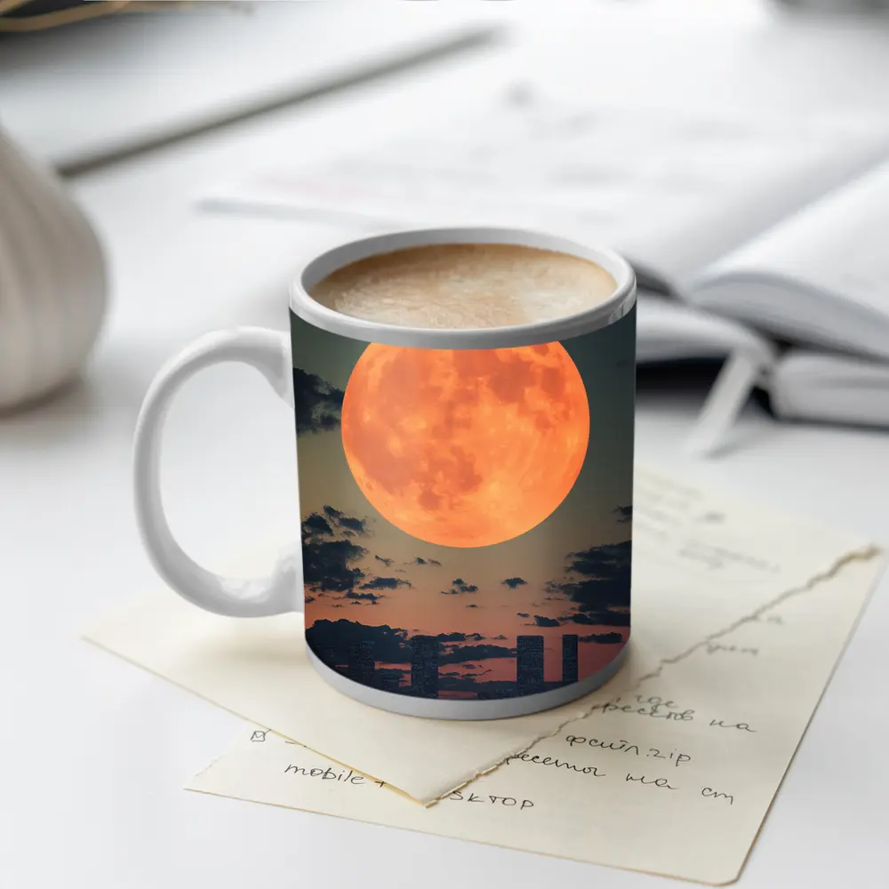Giant Orange Moon Over City Skyline – Mugs