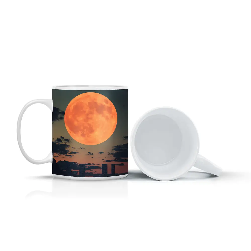 Giant Orange Moon Over City Skyline – Mugs