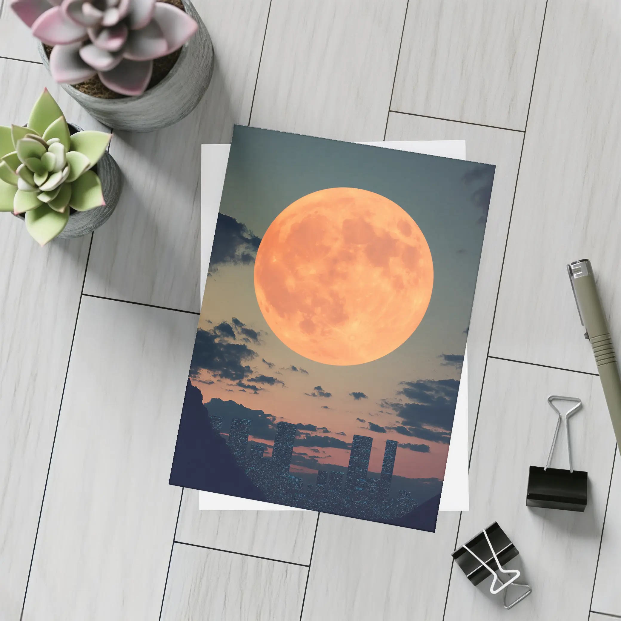 Giant Orange Moon Over City Skyline – Postcards