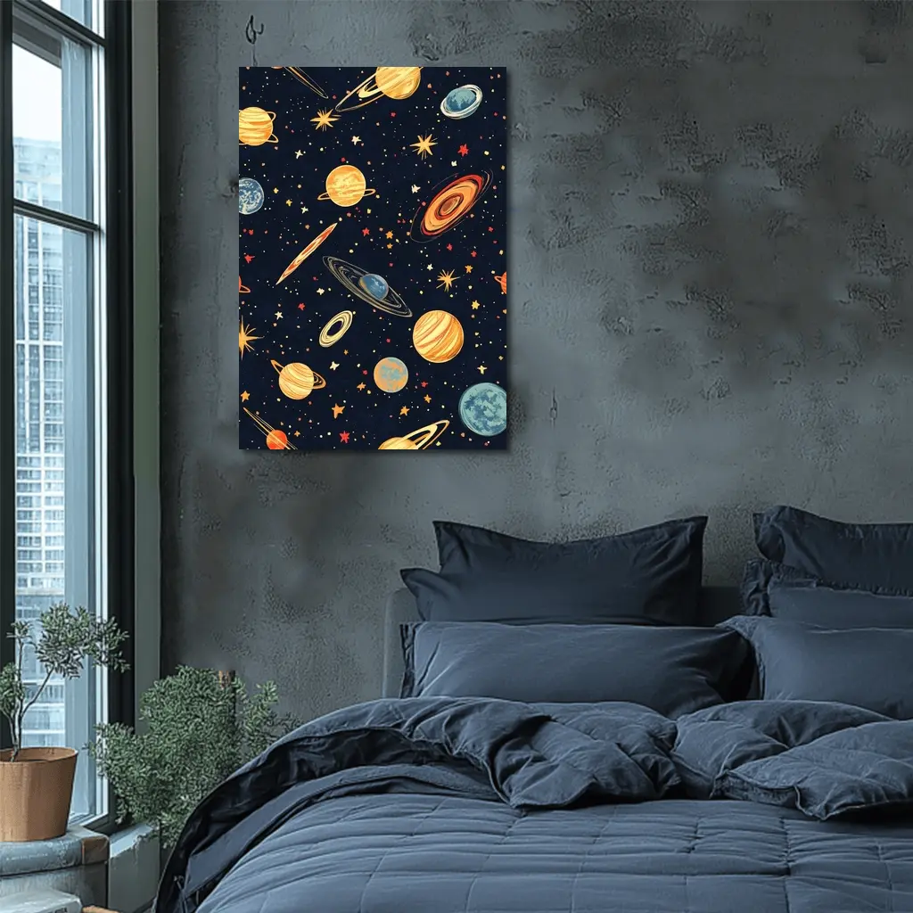 Retro Space Planets Stars Dark Blue Pattern – Wall Art