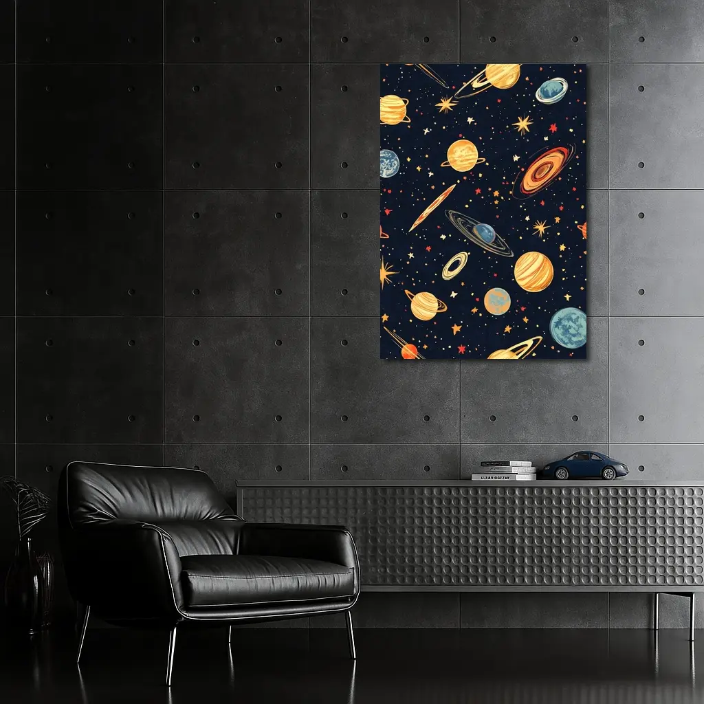 Retro Space Planets Stars Dark Blue Pattern – Wall Art