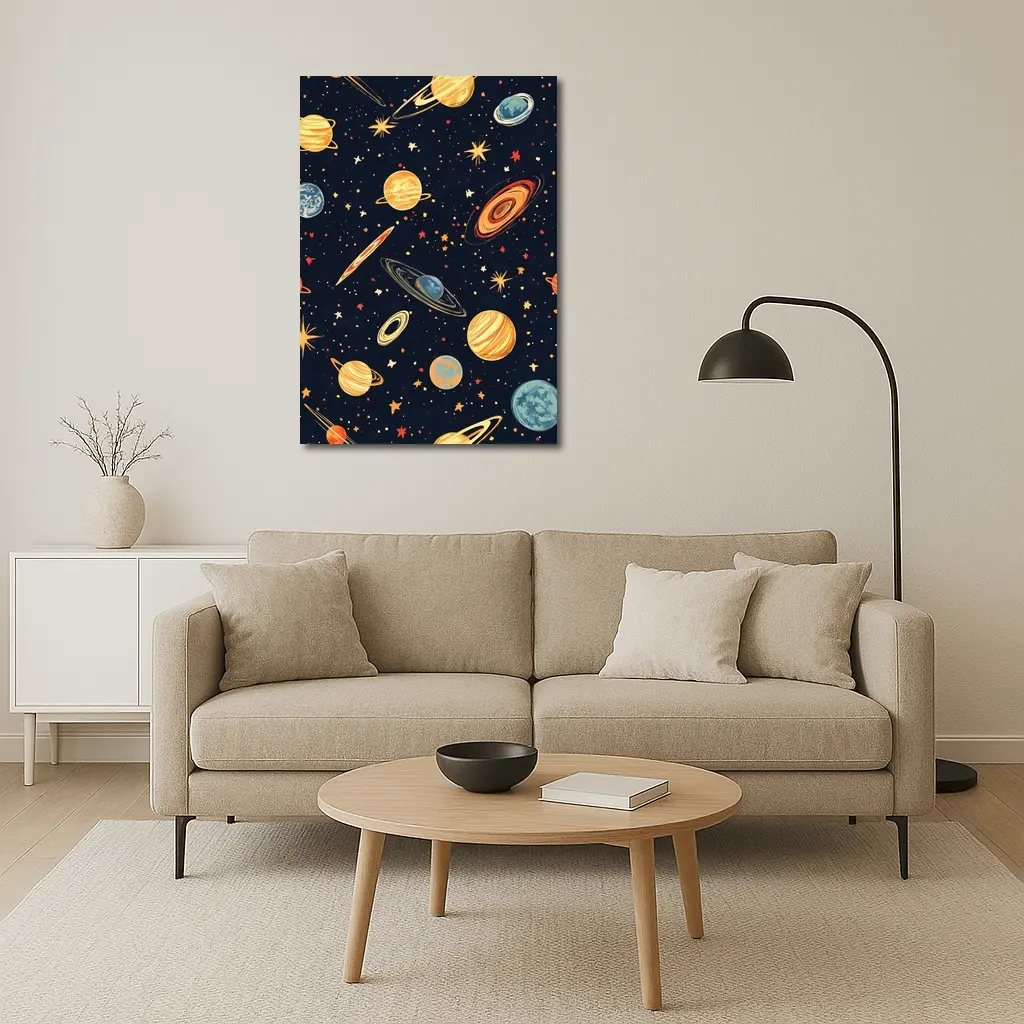 Retro Space Planets Stars Dark Blue Pattern – Wall Art