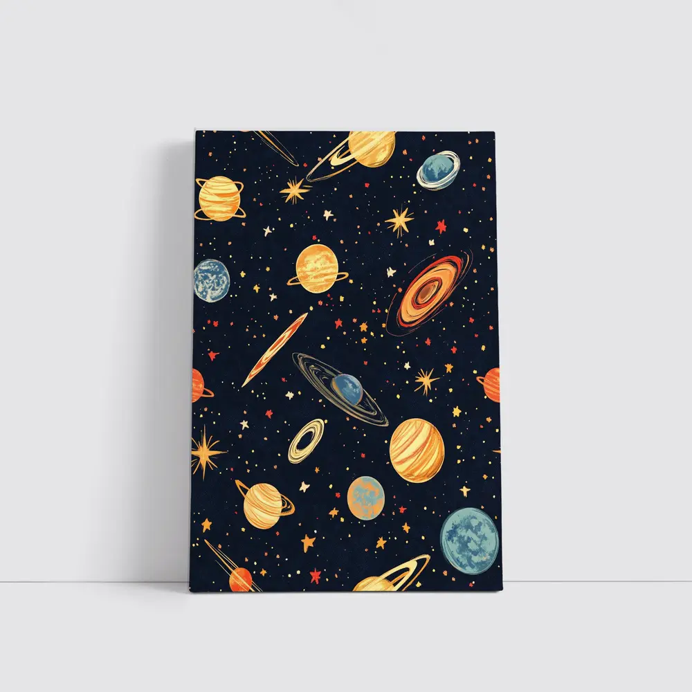 Retro Space Planets Stars Dark Blue Pattern – Wall Art