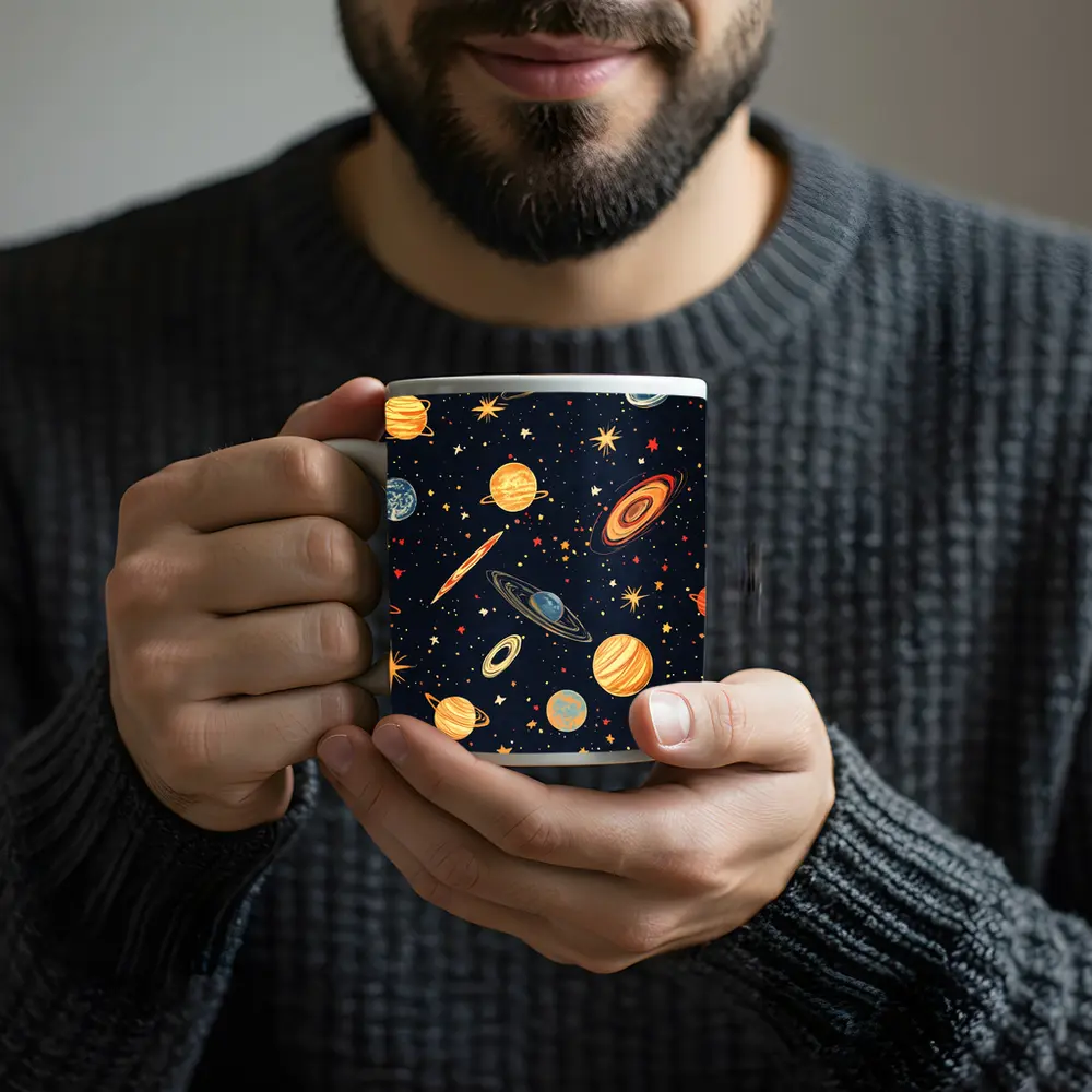 Retro Space Planets Stars Dark Blue Pattern – Mugs