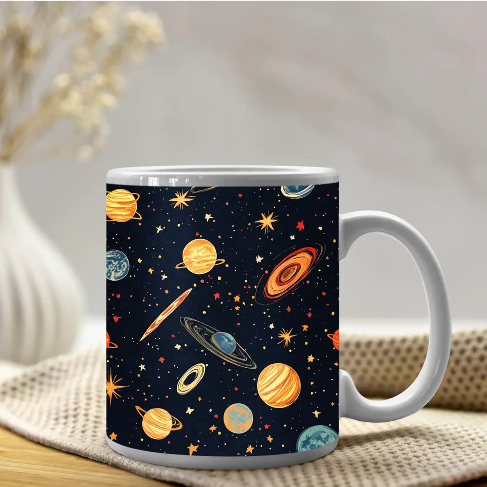 Retro Space Planets Stars Dark Blue Pattern – Mugs