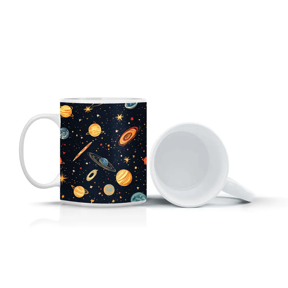Retro Space Planets Stars Dark Blue Pattern – Mugs