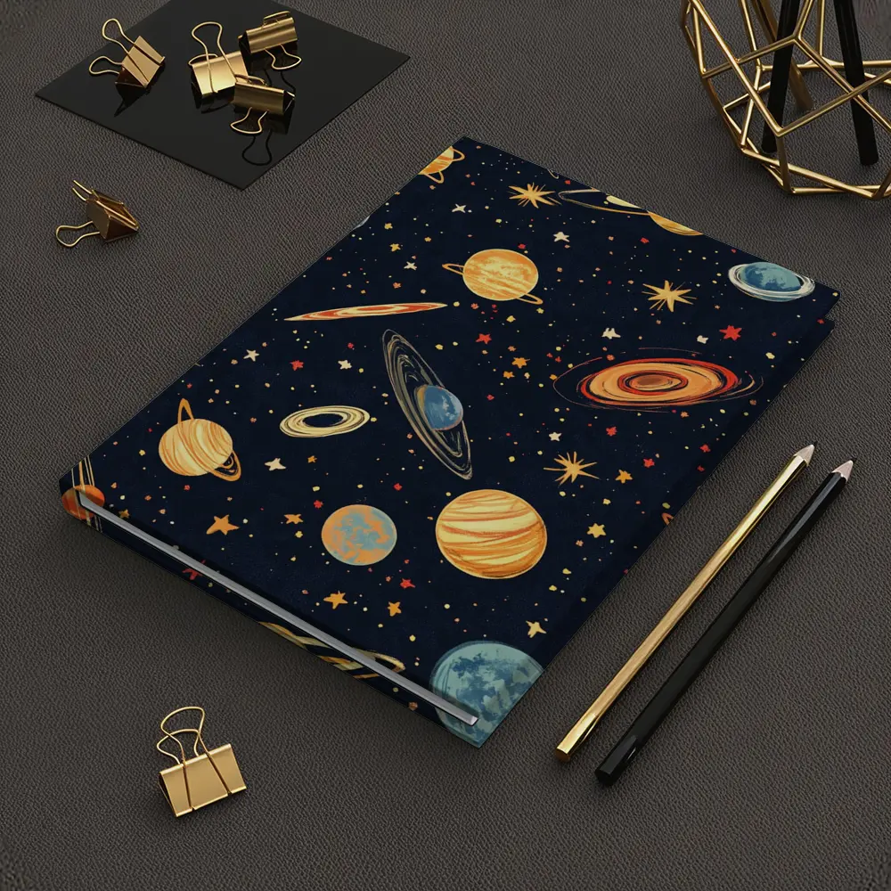 Retro Space Planets Stars Dark Blue Pattern – Notebooks