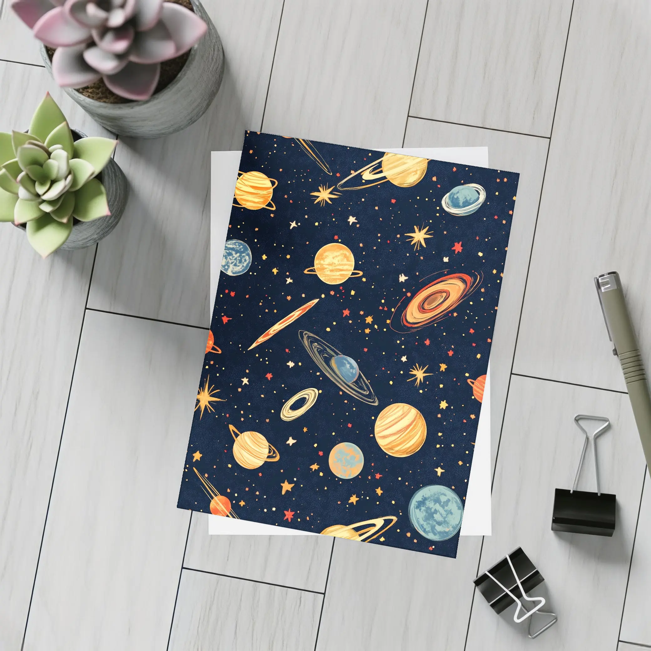 Retro Space Planets Stars Dark Blue Pattern – Postcards