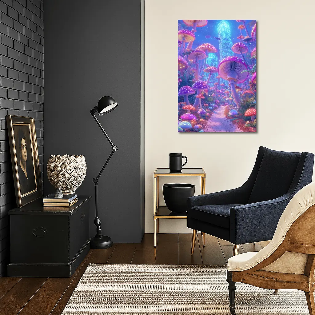 Neon Mushroom Forest Glowing Futuristic City – Wall Art