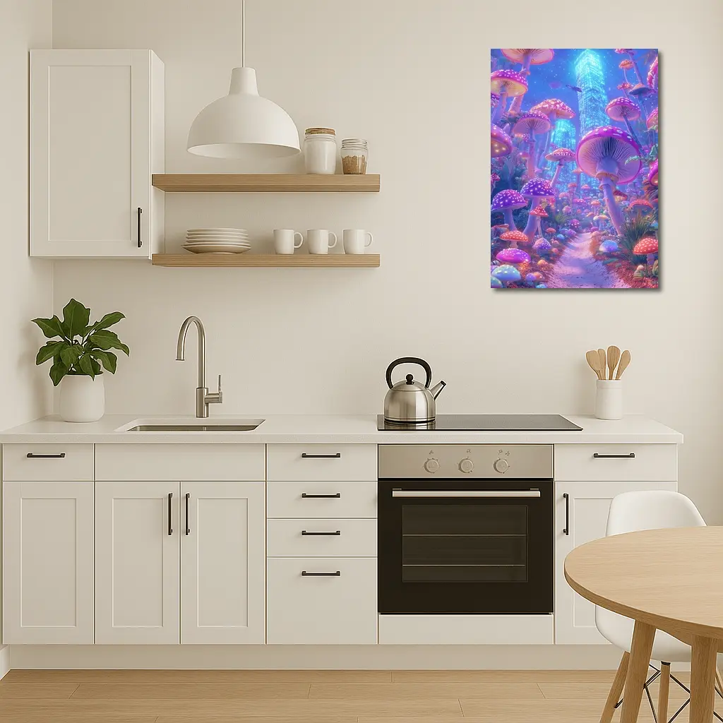 Neon Mushroom Forest Glowing Futuristic City – Wall Art