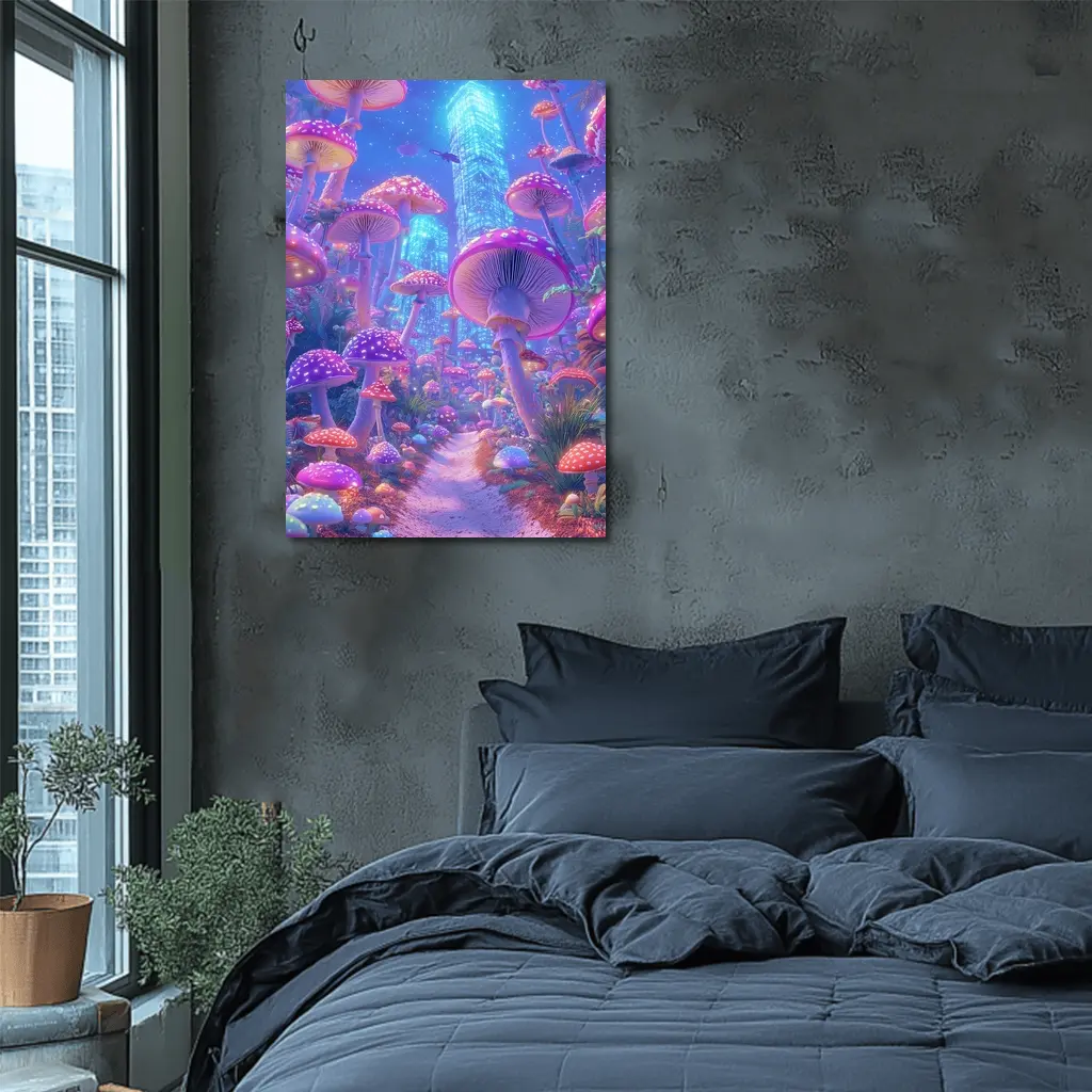 Neon Mushroom Forest Glowing Futuristic City – Wall Art